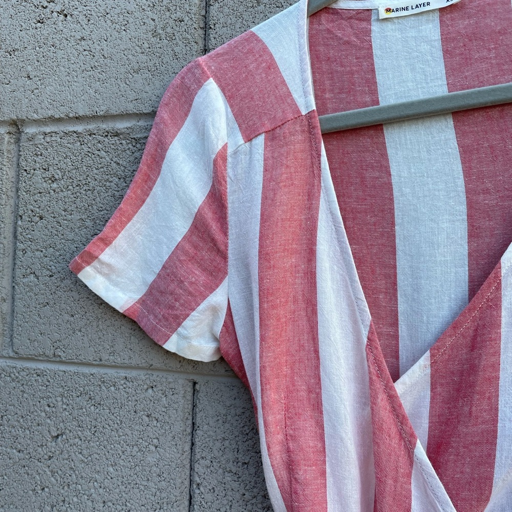 MARINE LAYER NWOT Frances Red & White Striped Linen Tencel True Wrap Dress - Picture 7 of 9
